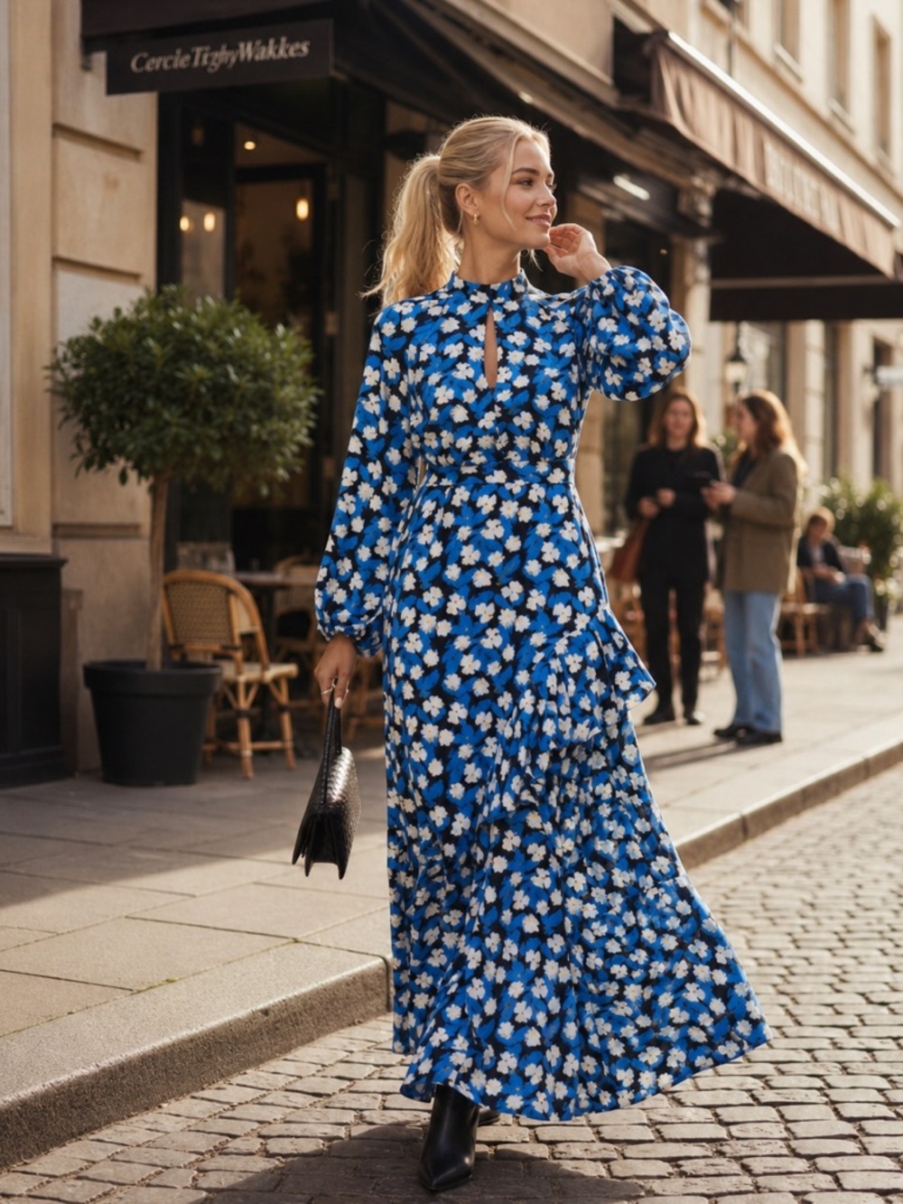 STAUD Danica Blue White Acid Floral Long Sleeve open back Maxi Dress NWT